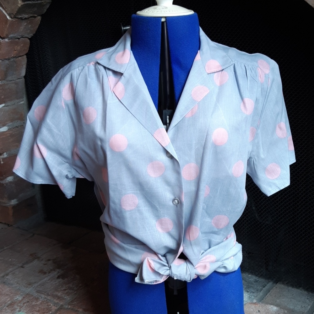 Vintage Grey and pink polka dot button down.